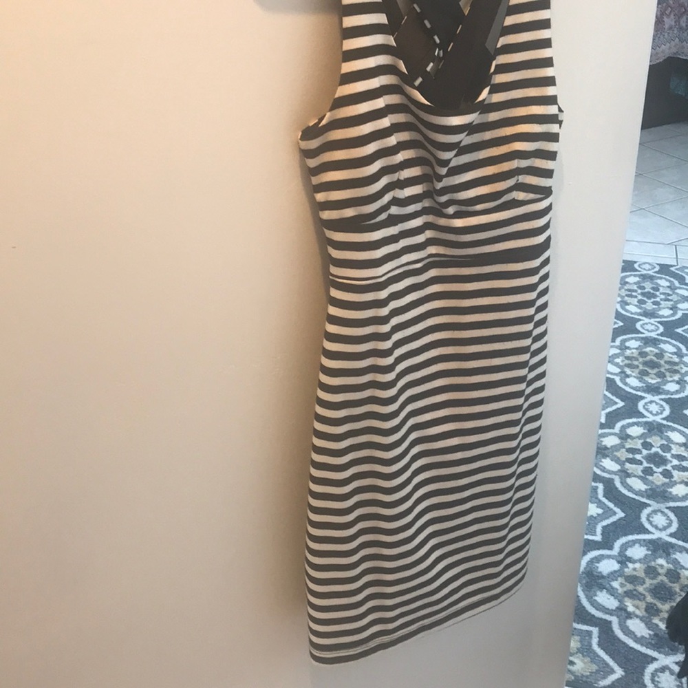 Black and white stripe dress with cross back.